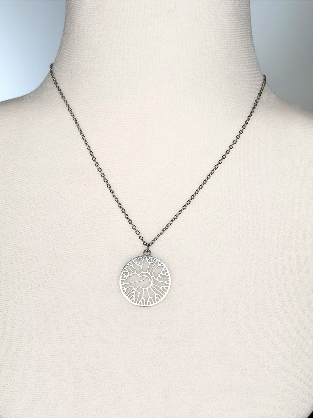 Tree of Life Necklace Silver Tone Round Cutout Pendant Boho Celtic 10” + Ext